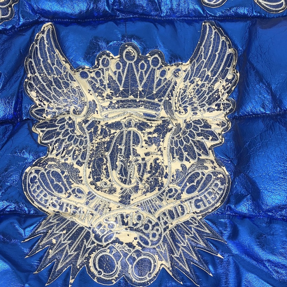 Christian Audigier Jacket Mens Medium Blue Leather Puffer Metallic Y2k - Picture 11 of 12